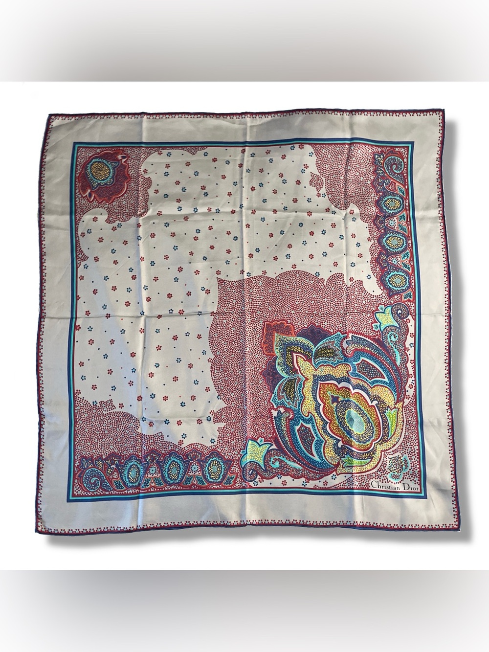 Christian Dior Vintage Silk Scarf Grey Paisley Floral Hand Rolled 30 Square
